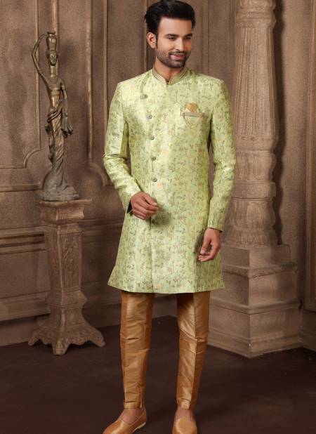 Pista Green Colour New Party Wear Jacquard Silk Digital Print Indo Western Mens Collection 9221
